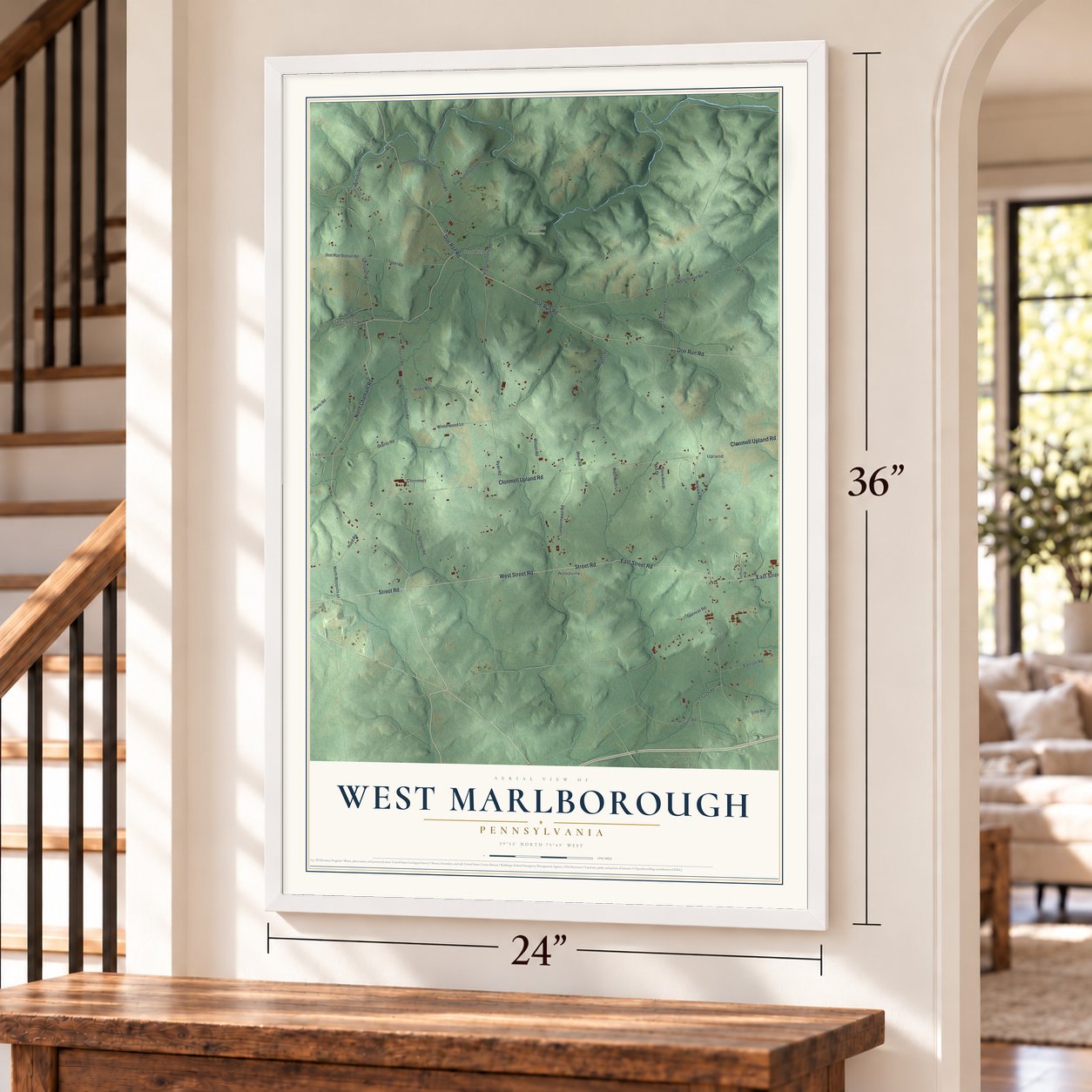 West Marlborough, Pennsylvania map, 24 x 36 inch print in a white frame by a staircase