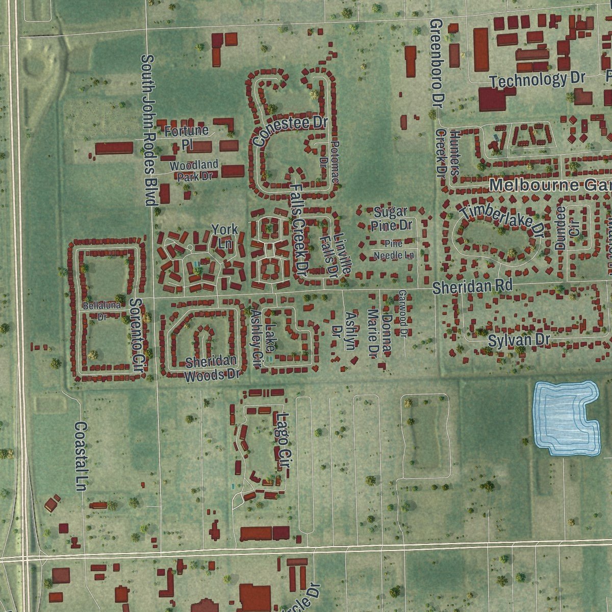 Second close-up of the map of West Melbourne, Florida print showing more streets and buildings