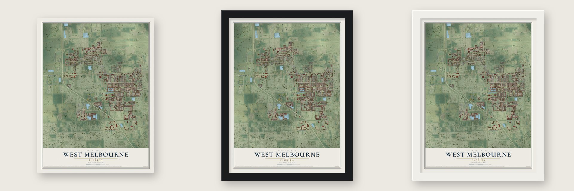 West Melbourne, Florida map unframed, in a black wood frame and in a white wood frame