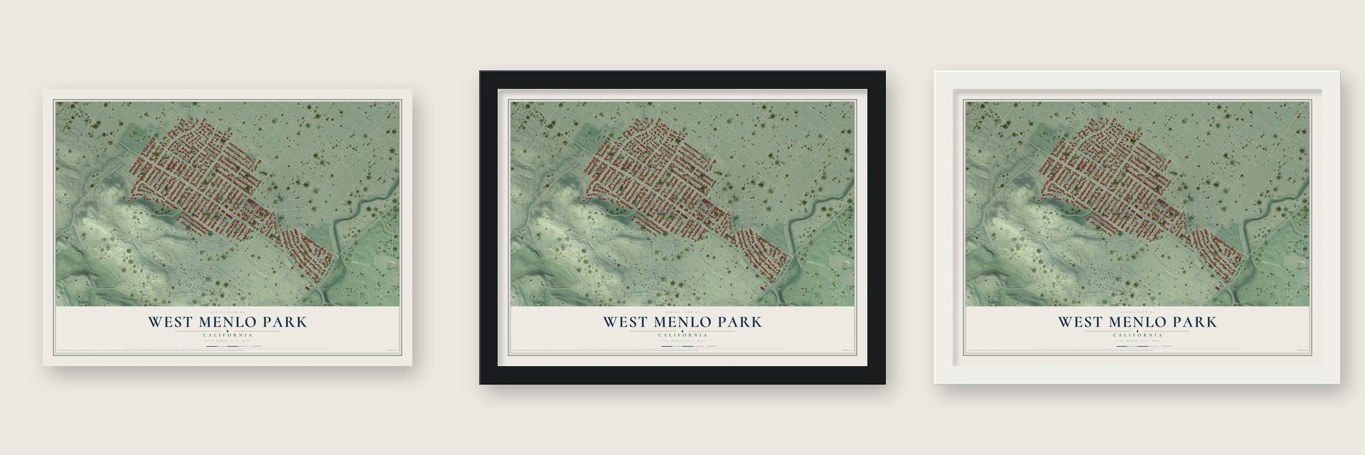 West Menlo Park, California map unframed, in a black wood frame and in a white wood frame