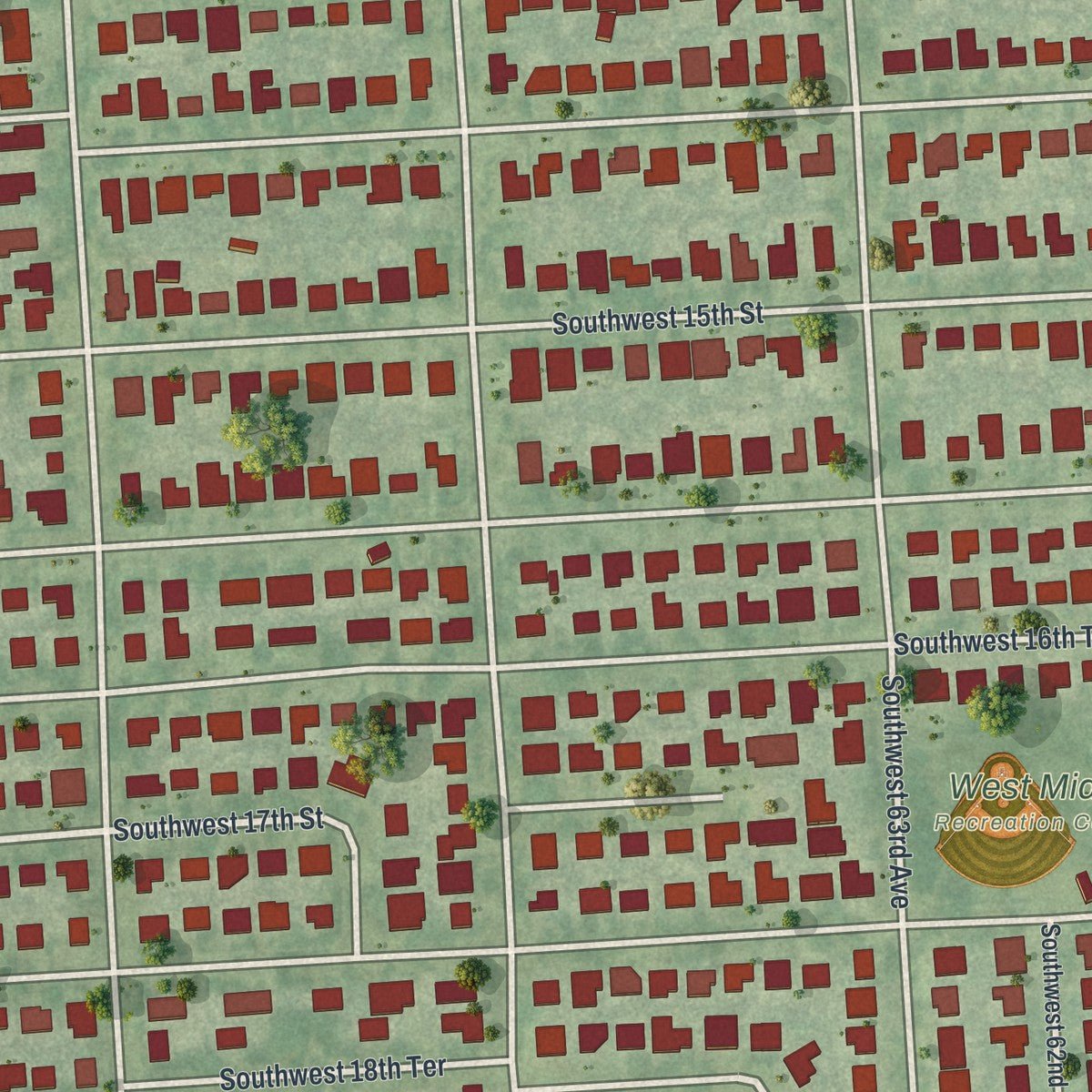 Second close-up of the map of West Miami, Florida print showing more streets and buildings