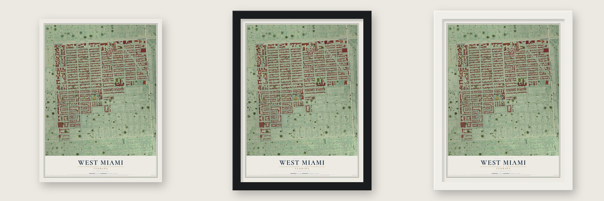 West Miami, Florida map unframed, in a black wood frame and in a white wood frame