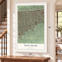 West Miami, Florida map, 24 x 36 inch print in a white frame by a staircase