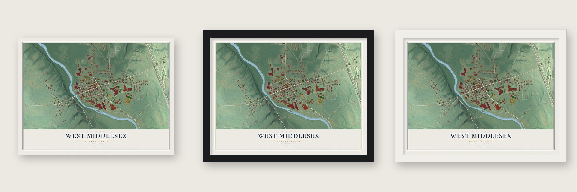 West Middlesex, Pennsylvania map unframed, in a black wood frame and in a white wood frame