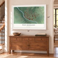 West Middlesex, Pennsylvania map, 24 x 36 inch print in a white frame above a dresser by a staircase