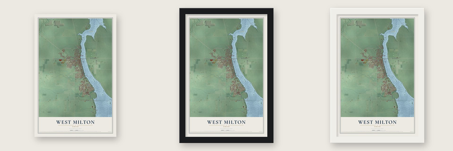 West Milton, Ohio map unframed, in a black wood frame and in a white wood frame