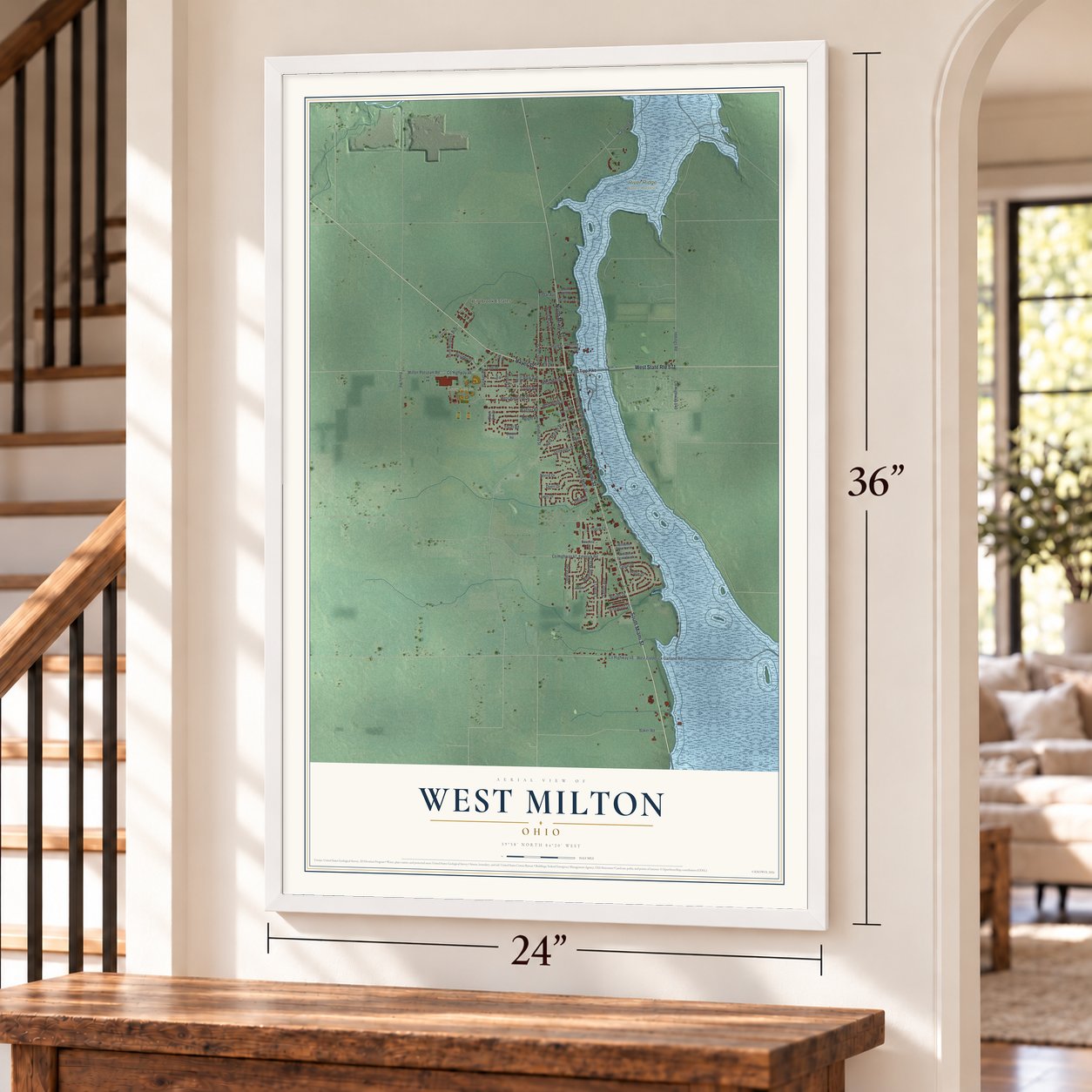 West Milton, Ohio map, 24 x 36 inch print in a white frame by a staircase