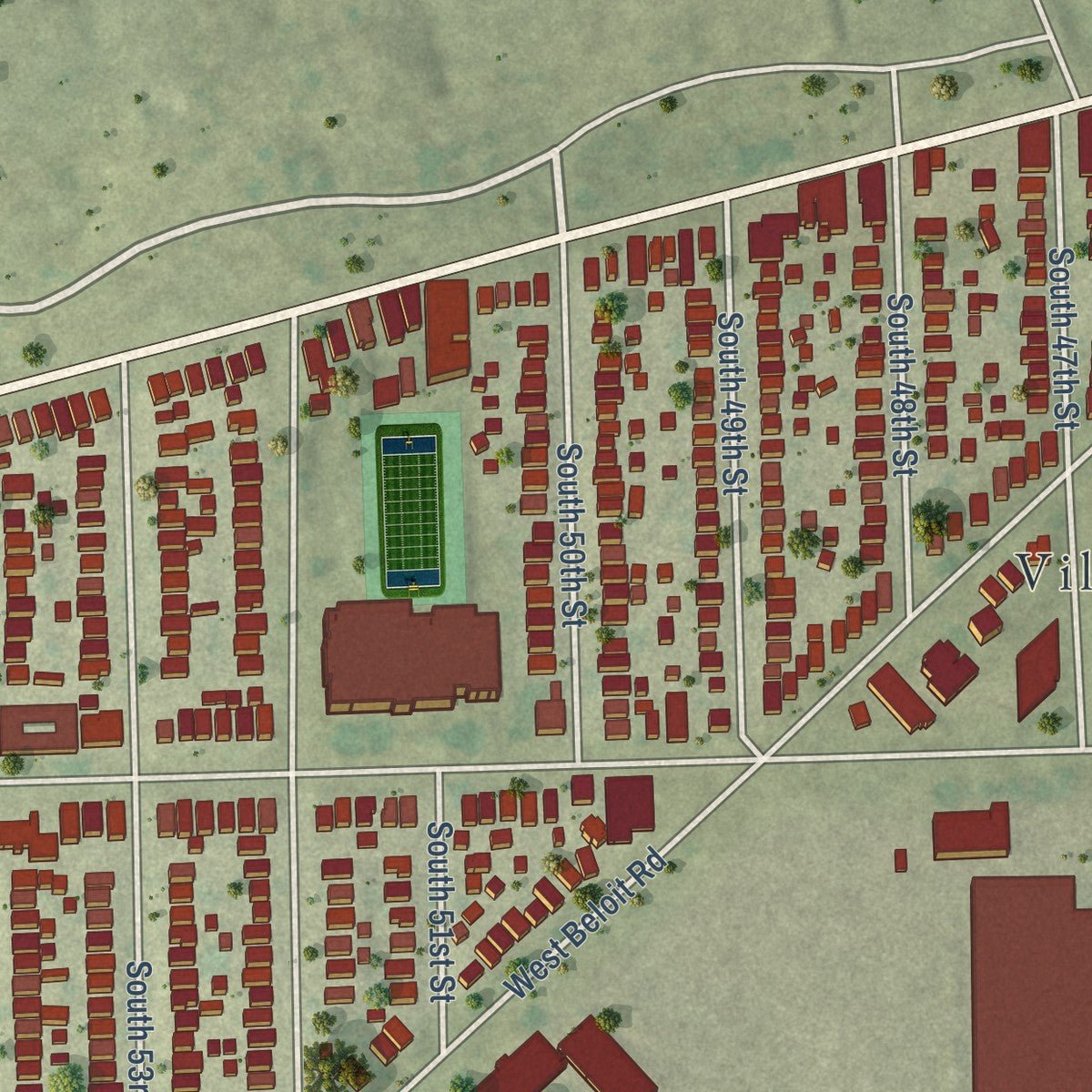 Second close-up of the map of West Milwaukee, Wisconsin print showing more streets and buildings