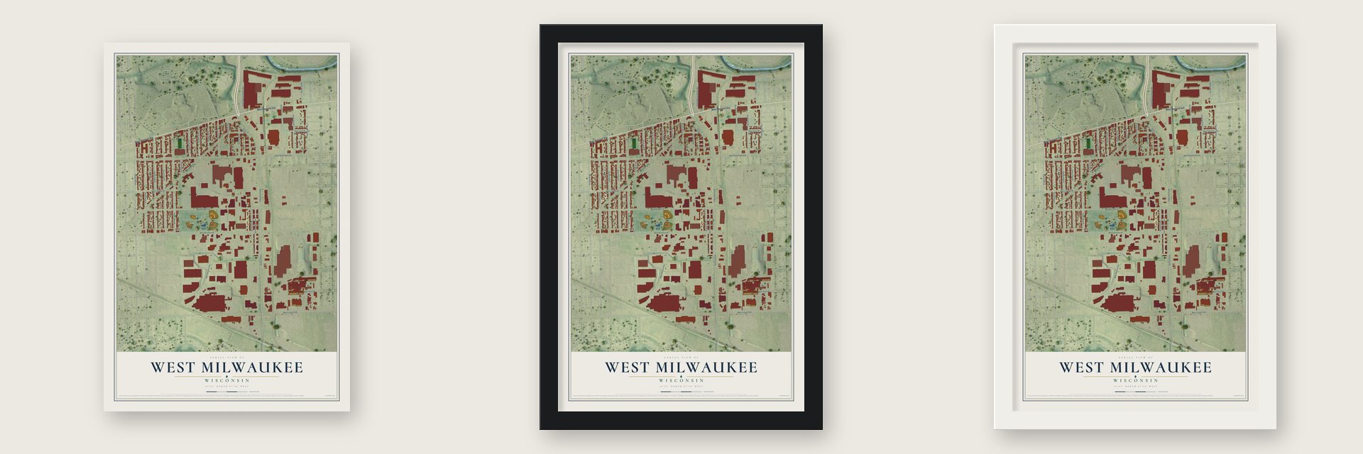 West Milwaukee, Wisconsin map unframed, in a black wood frame and in a white wood frame