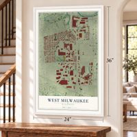 West Milwaukee, Wisconsin map, 24 x 36 inch print in a white frame by a staircase
