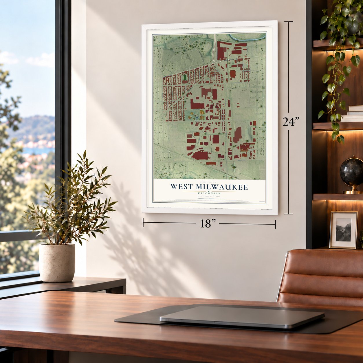 West Milwaukee, Wisconsin map, 18 x 24 inch print in a white frame in a home office
