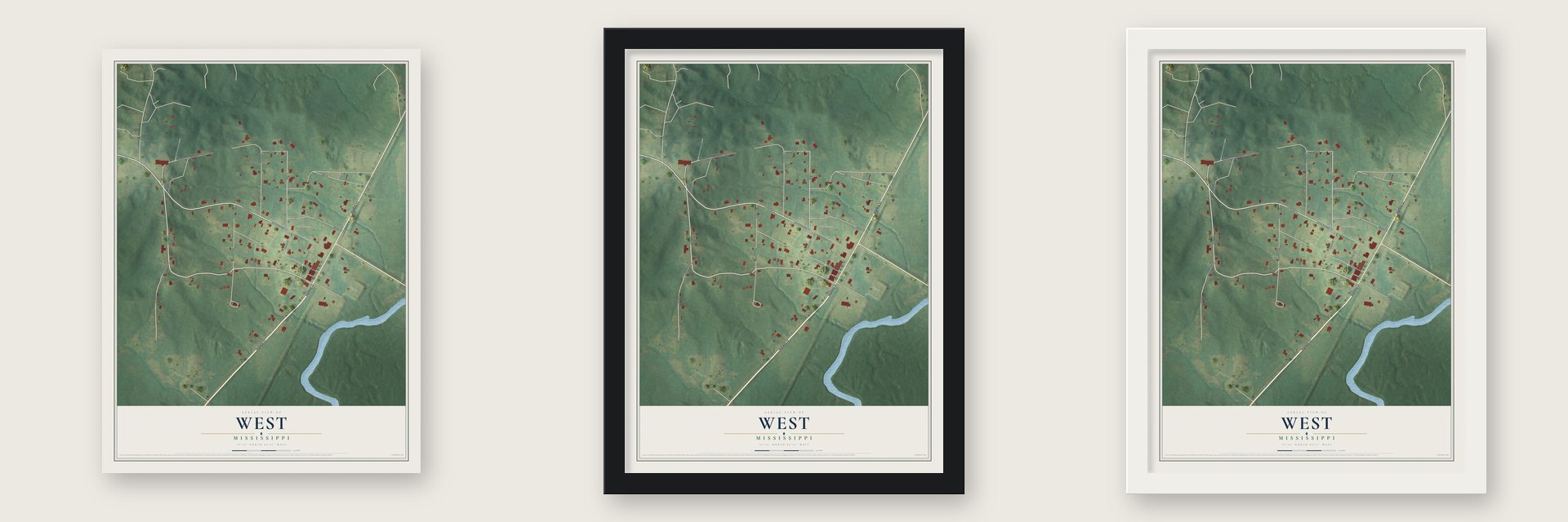 West, Mississippi map unframed, in a black wood frame and in a white wood frame