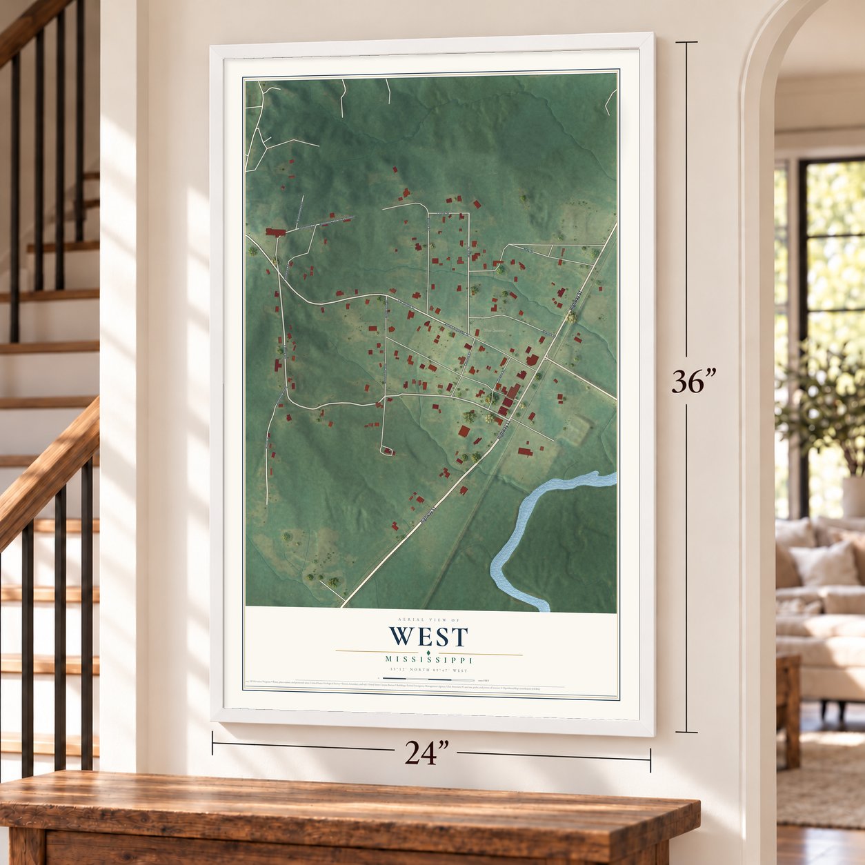 West, Mississippi map, 24 x 36 inch print in a white frame by a staircase