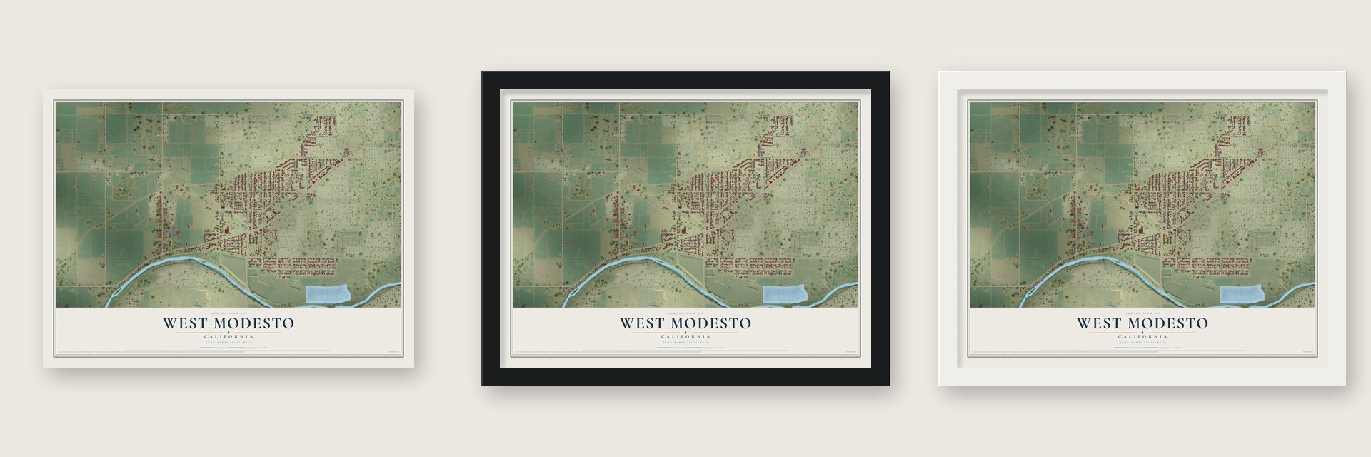 West Modesto, California map unframed, in a black wood frame and in a white wood frame