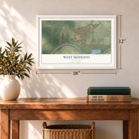 West Modesto, California map, 12 x 18 inch print in a white frame in an entryway