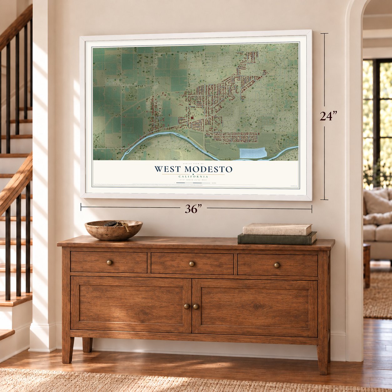 West Modesto, California map, 24 x 36 inch print in a white frame above a dresser by a staircase