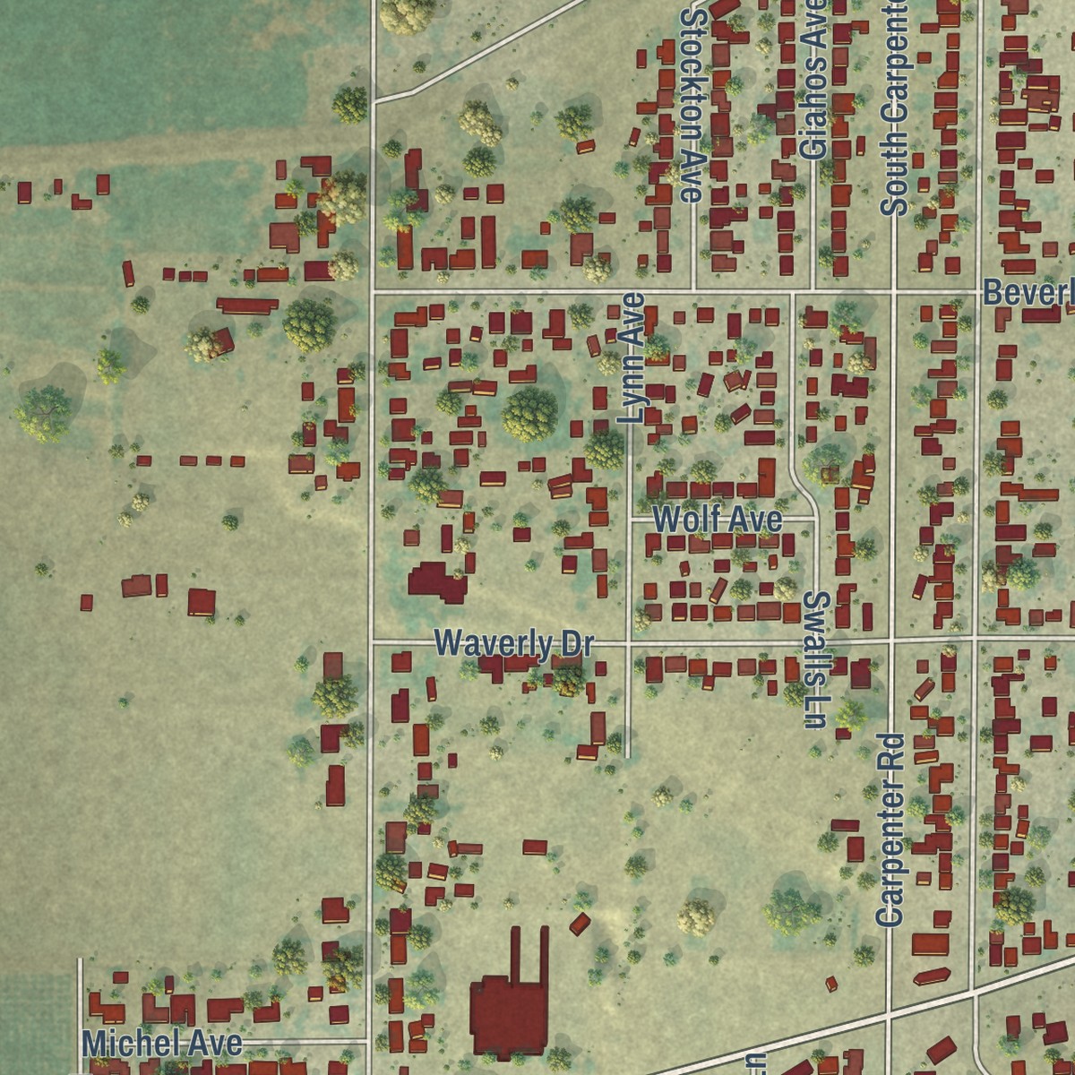 Second close-up of the map of West Modesto, California print showing more streets and buildings
