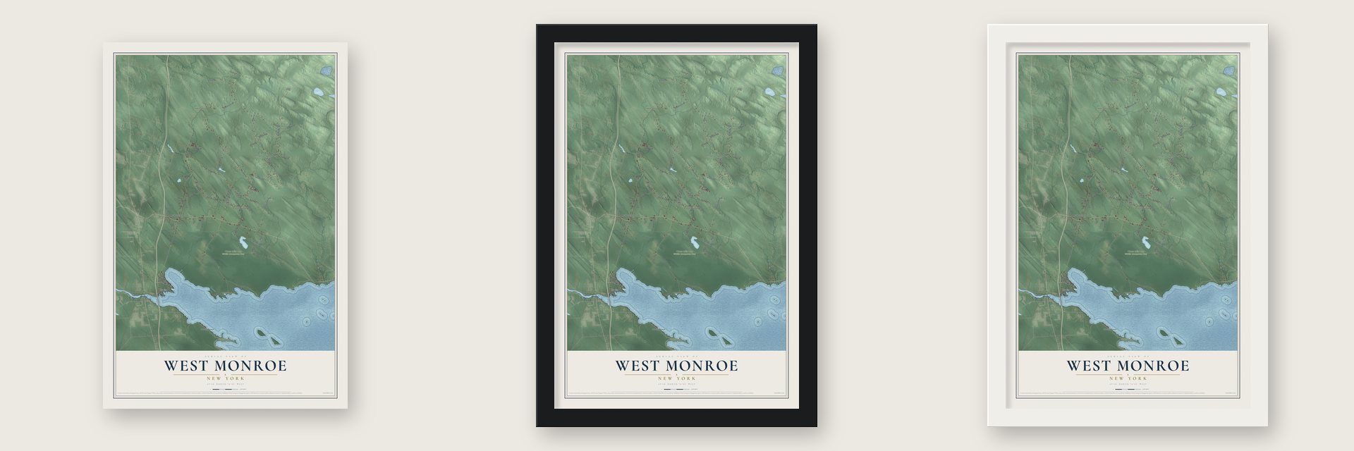 West Monroe, New York map unframed, in a black wood frame and in a white wood frame