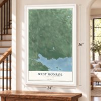 West Monroe, New York map, 24 x 36 inch print in a white frame by a staircase