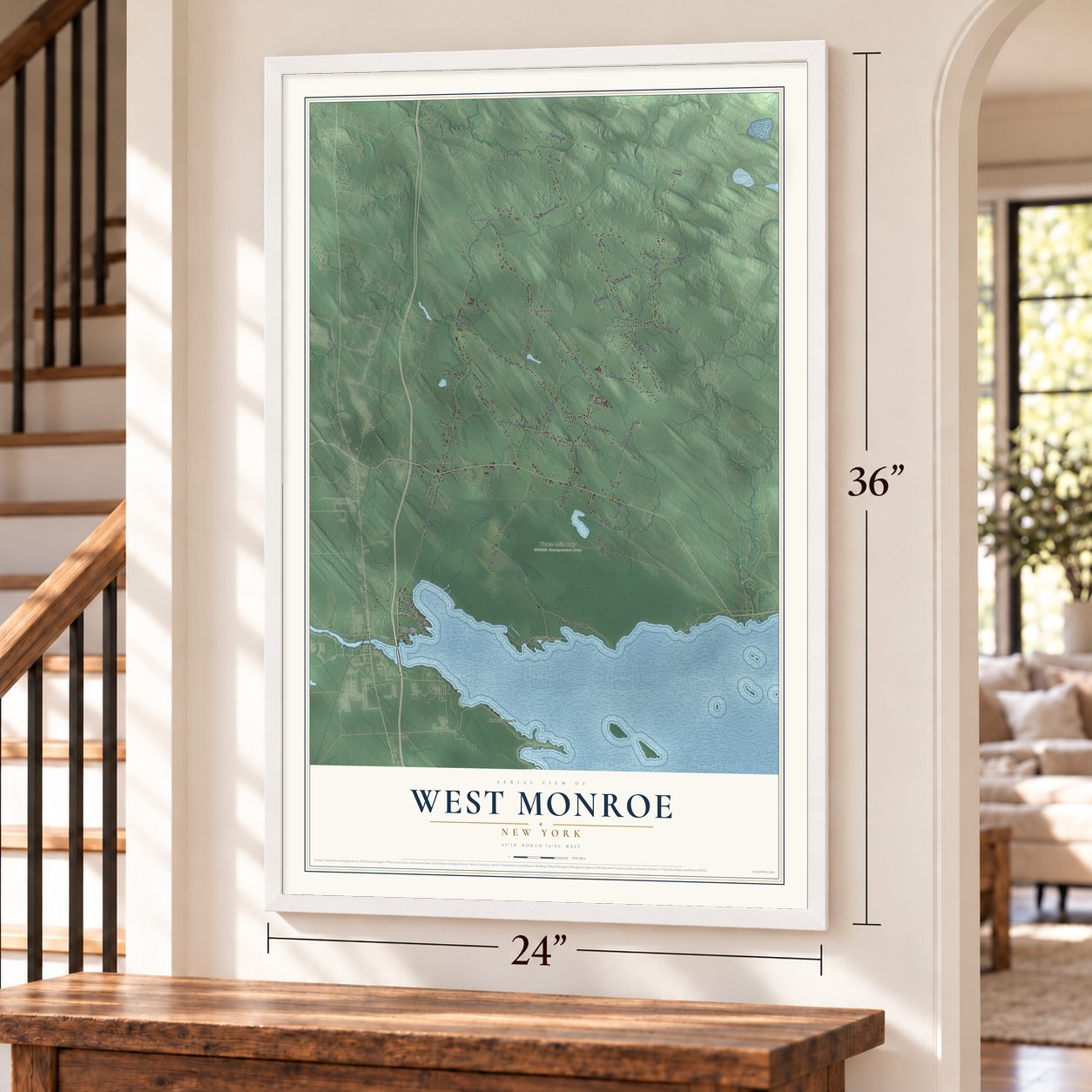 West Monroe, New York map, 24 x 36 inch print in a white frame by a staircase