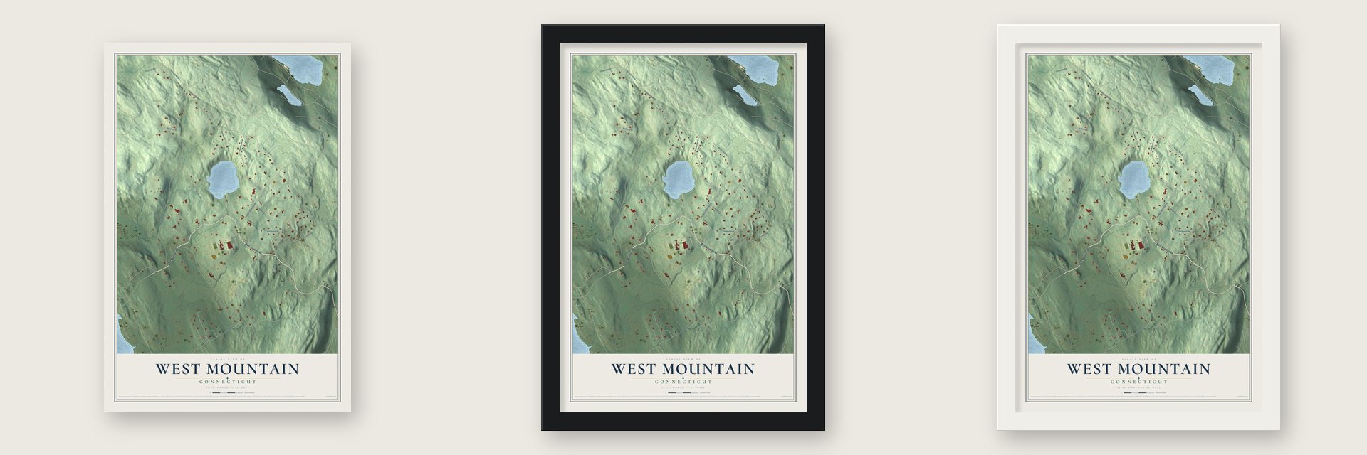 West Mountain, Connecticut map unframed, in a black wood frame and in a white wood frame