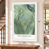 West Mountain, Connecticut map, 24 x 36 inch print in a white frame by a staircase