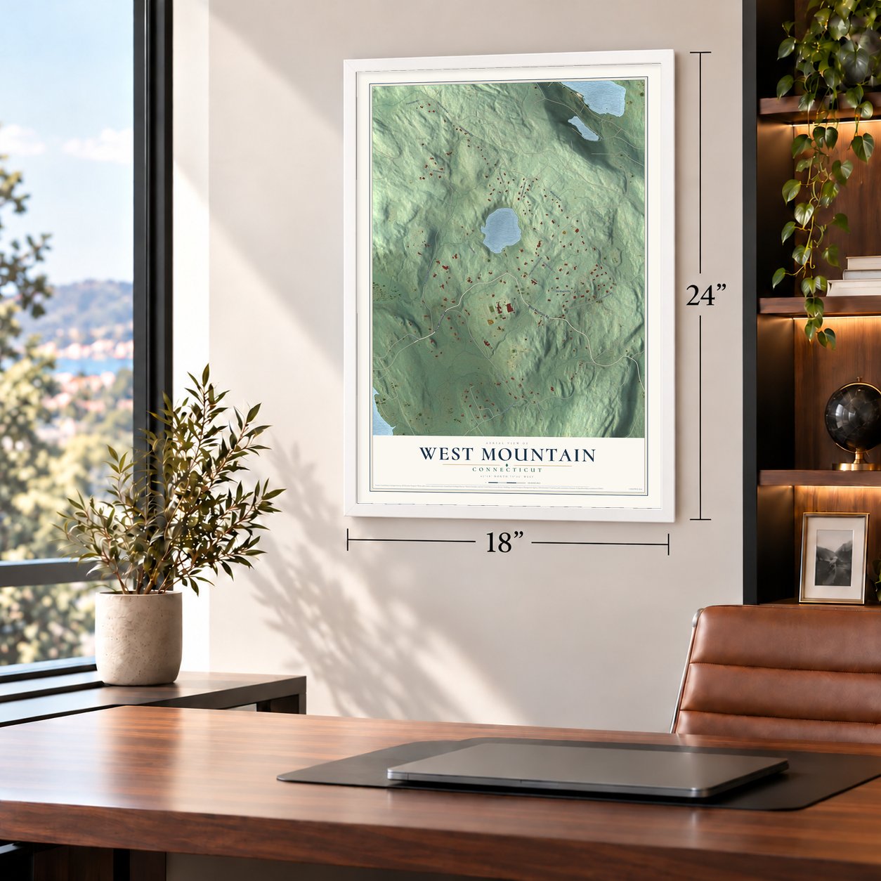 West Mountain, Connecticut map, 18 x 24 inch print in a white frame in a home office