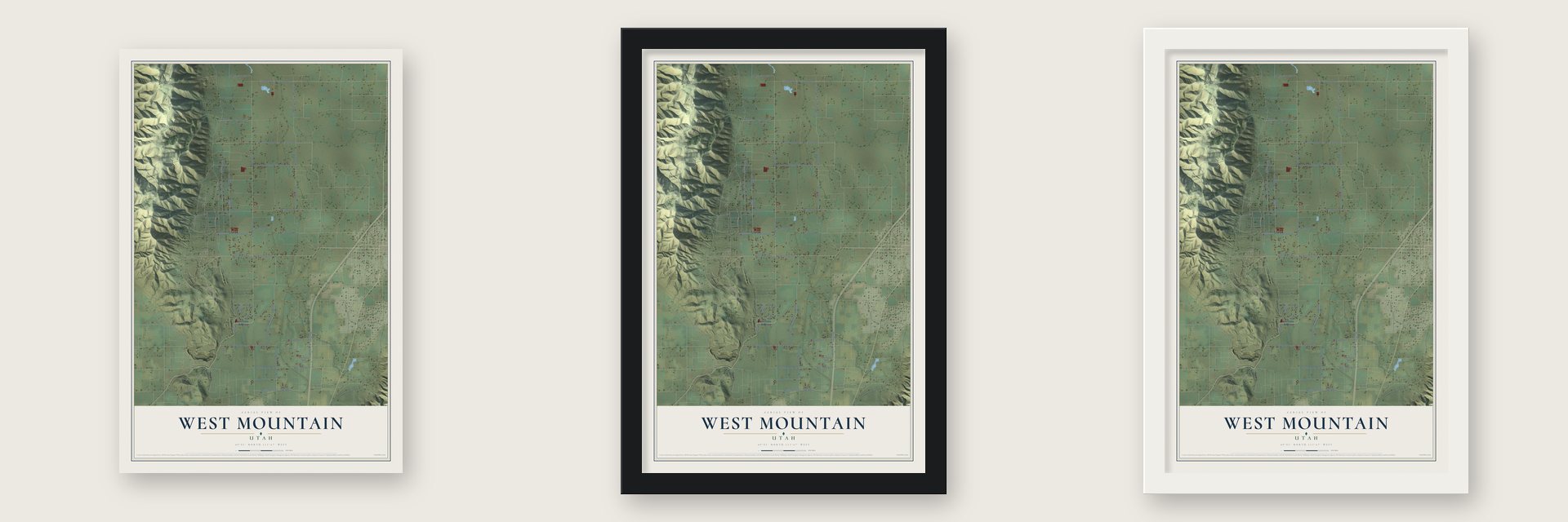 West Mountain, Utah map unframed, in a black wood frame and in a white wood frame