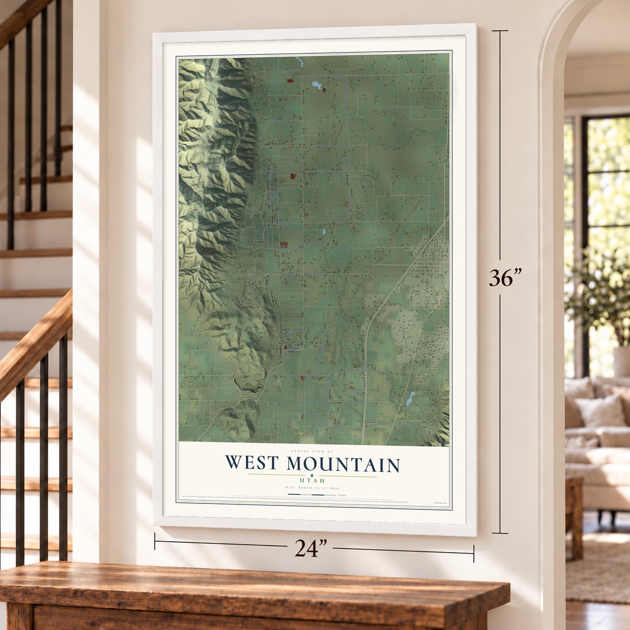 West Mountain, Utah map, 24 x 36 inch print in a white frame by a staircase