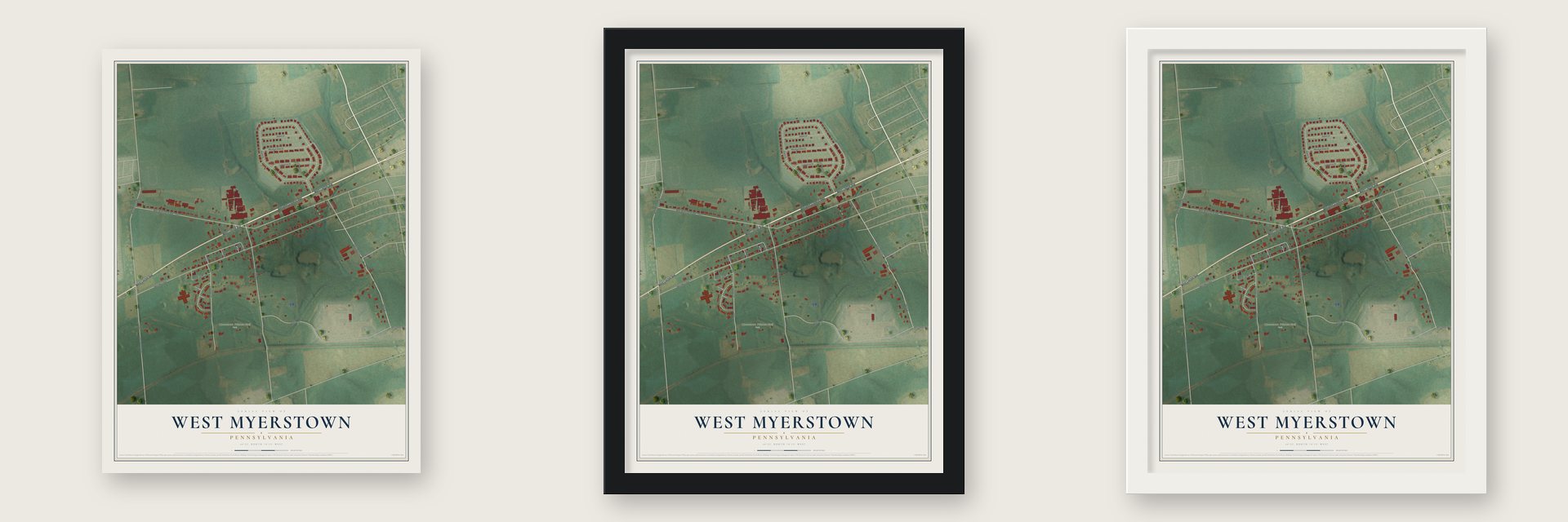 West Myerstown, Pennsylvania map unframed, in a black wood frame and in a white wood frame