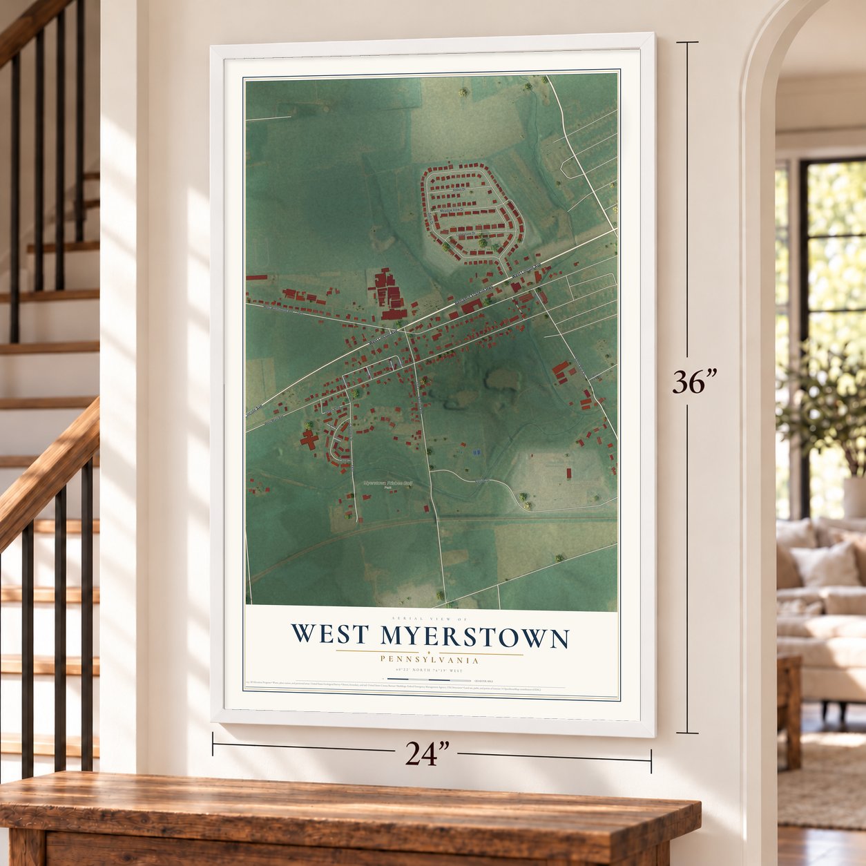 West Myerstown, Pennsylvania map, 24 x 36 inch print in a white frame by a staircase