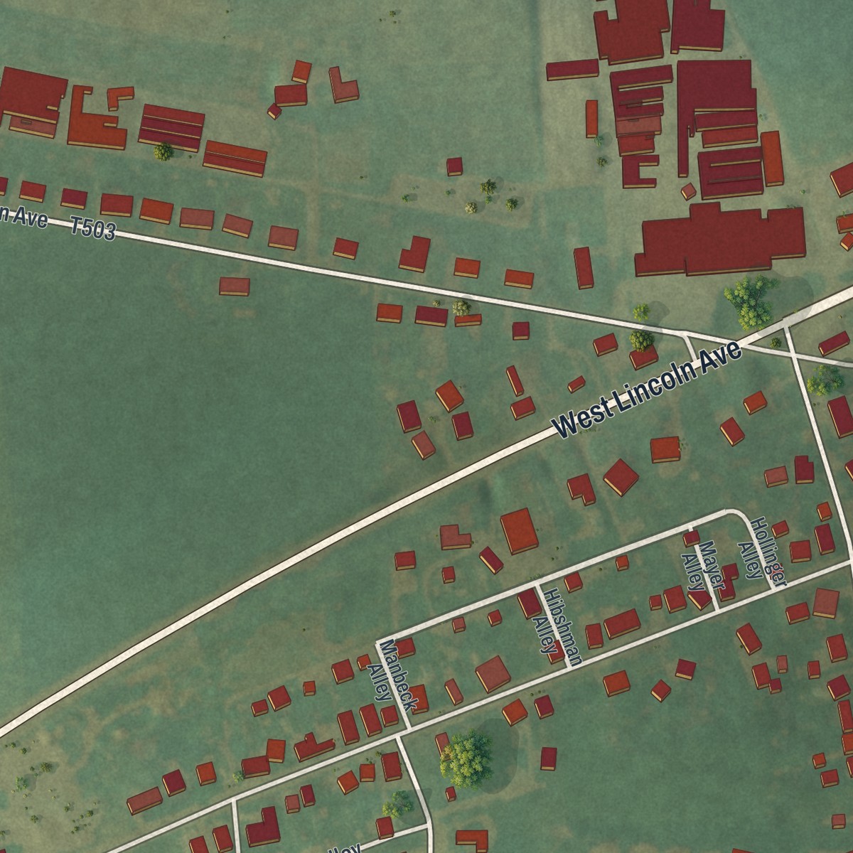 Second close-up of the map of West Myerstown, Pennsylvania print showing more streets and buildings