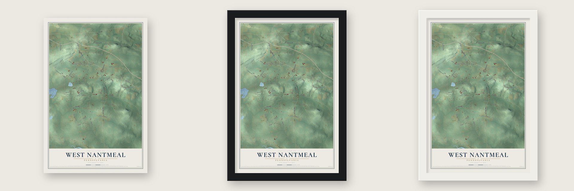 West Nantmeal, Pennsylvania map unframed, in a black wood frame and in a white wood frame