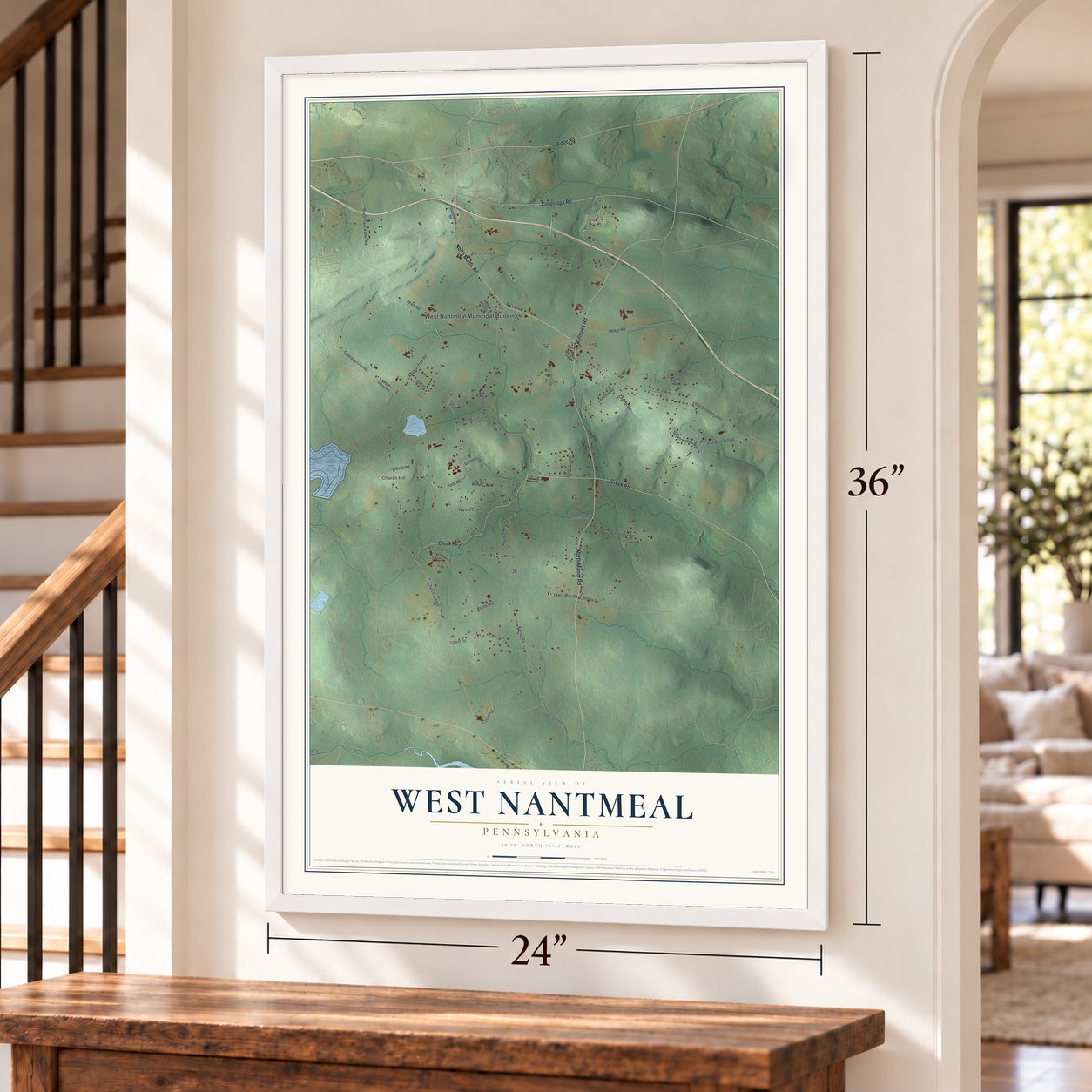 West Nantmeal, Pennsylvania map, 24 x 36 inch print in a white frame by a staircase