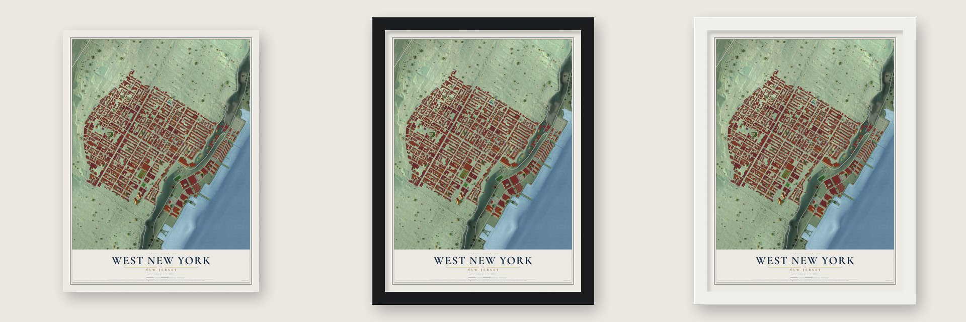 West New York, New Jersey map unframed, in a black wood frame and in a white wood frame