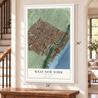 West New York, New Jersey map, 24 x 36 inch print in a white frame by a staircase