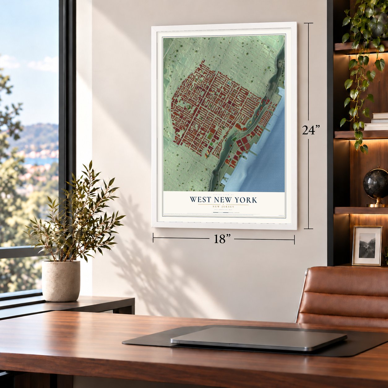 West New York, New Jersey map, 18 x 24 inch print in a white frame in a home office