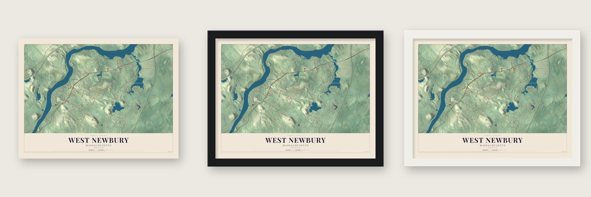 West Newbury, Massachusetts map unframed, in a black wood frame and in a white wood frame