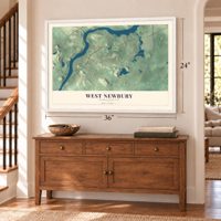 West Newbury, Massachusetts map, 24 x 36 inch print in a white frame above a dresser by a staircase