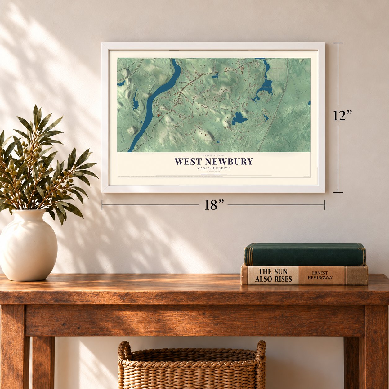 West Newbury, Massachusetts map, 12 x 18 inch print in a white frame in an entryway