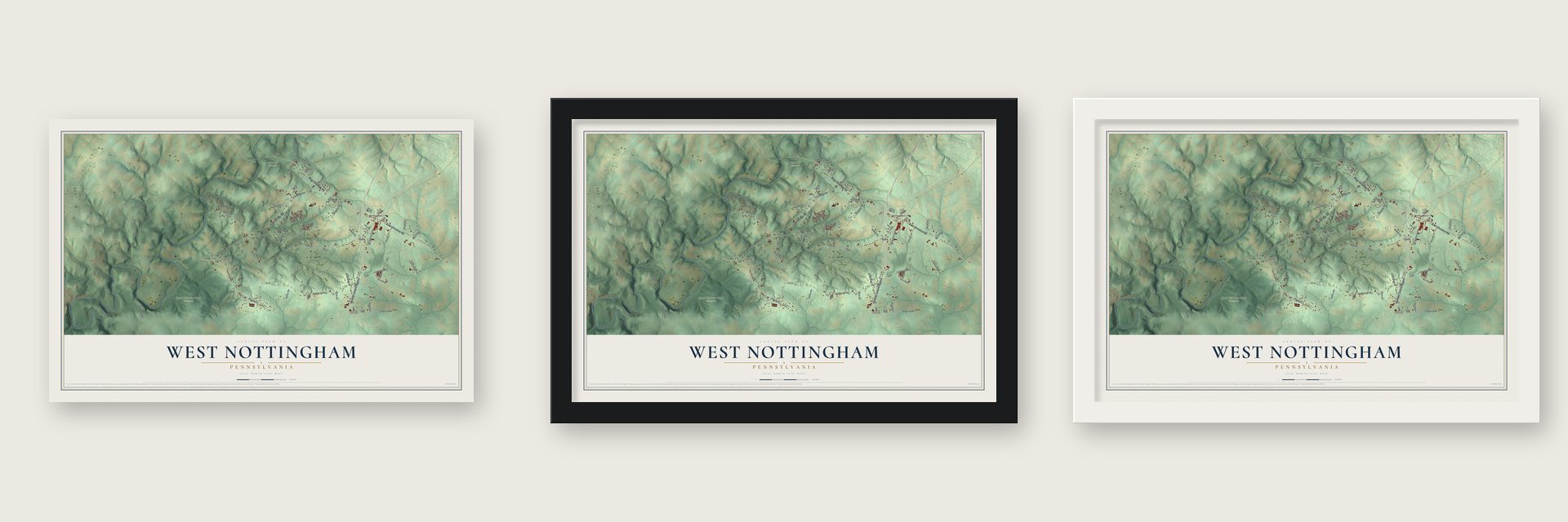 West Nottingham, Pennsylvania map unframed, in a black wood frame and in a white wood frame