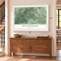West Nottingham, Pennsylvania map, 24 x 36 inch print in a white frame above a dresser by a staircase