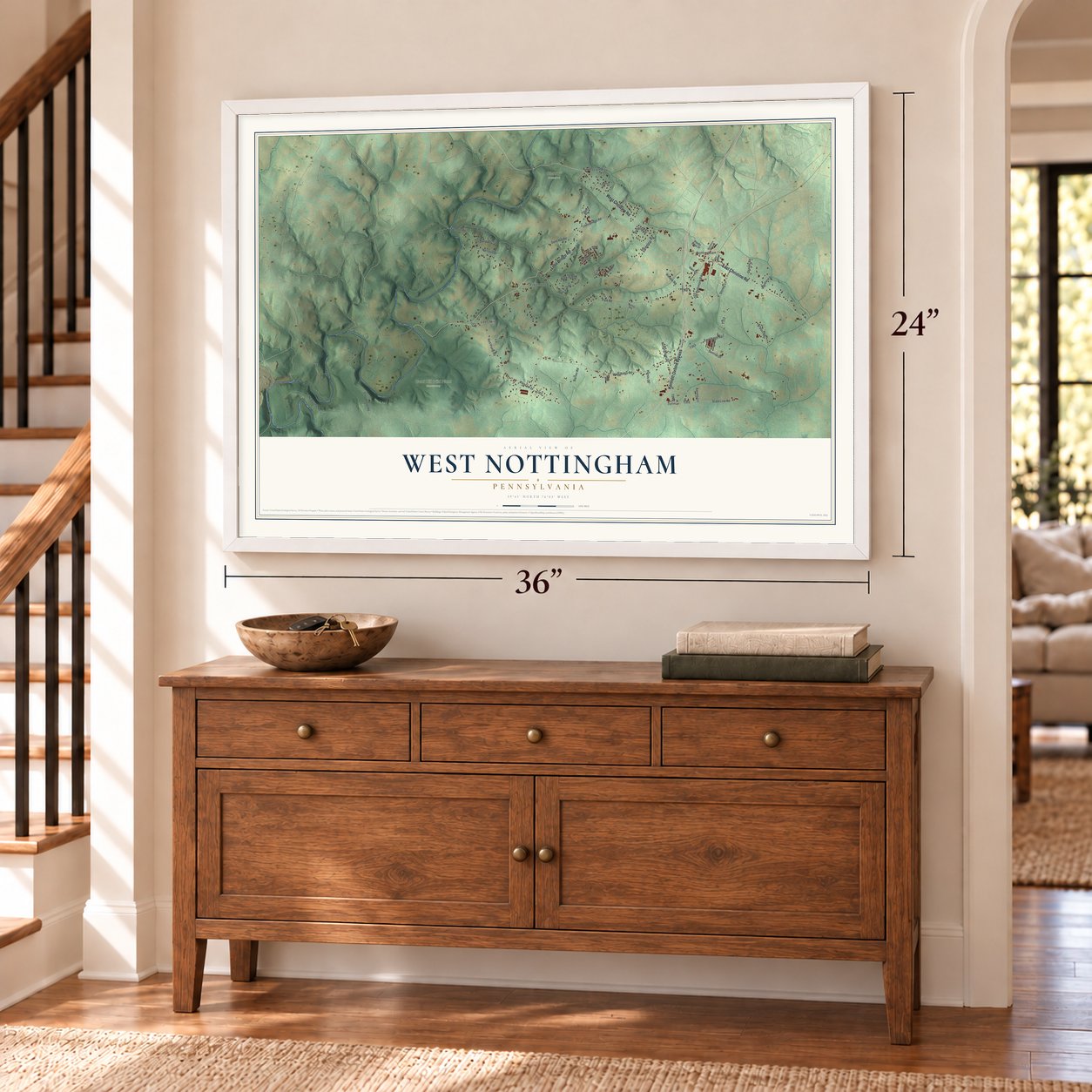 West Nottingham, Pennsylvania map, 24 x 36 inch print in a white frame above a dresser by a staircase