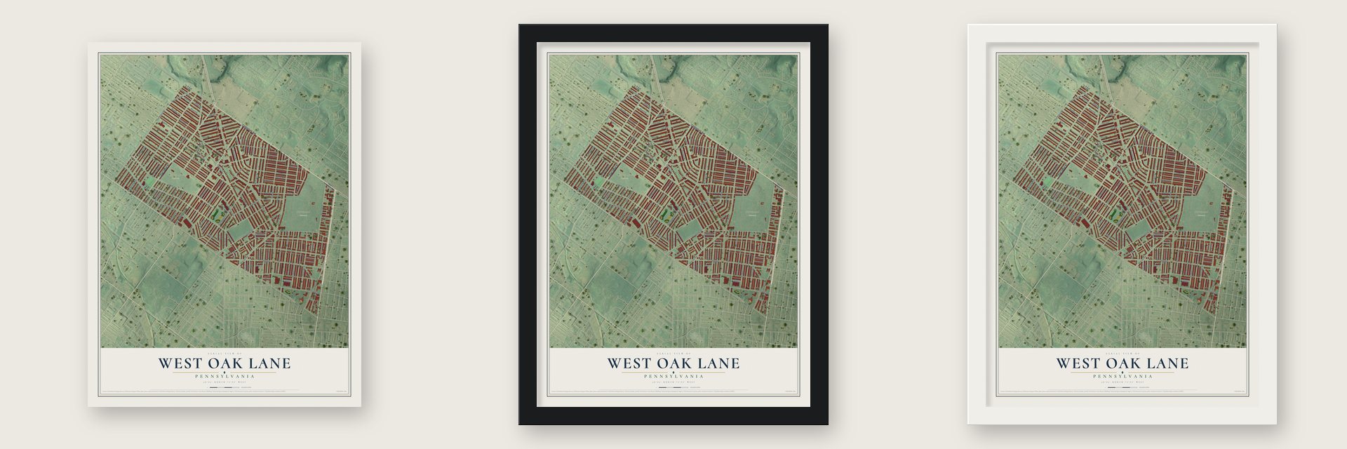 West Oak Lane, Pennsylvania map unframed, in a black wood frame and in a white wood frame