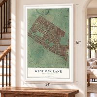 West Oak Lane, Pennsylvania map, 24 x 36 inch print in a white frame by a staircase