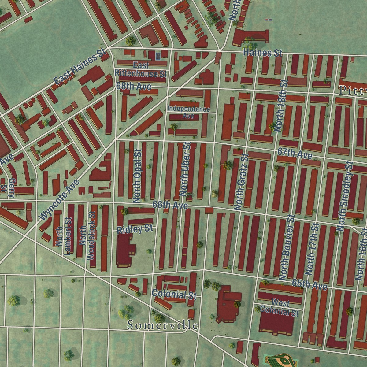 Second close-up of the map of West Oak Lane, Pennsylvania print showing more streets and buildings