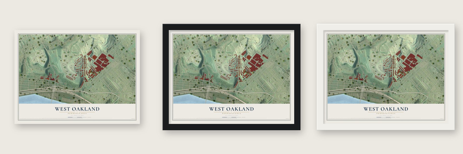West Oakland, Pennsylvania map unframed, in a black wood frame and in a white wood frame
