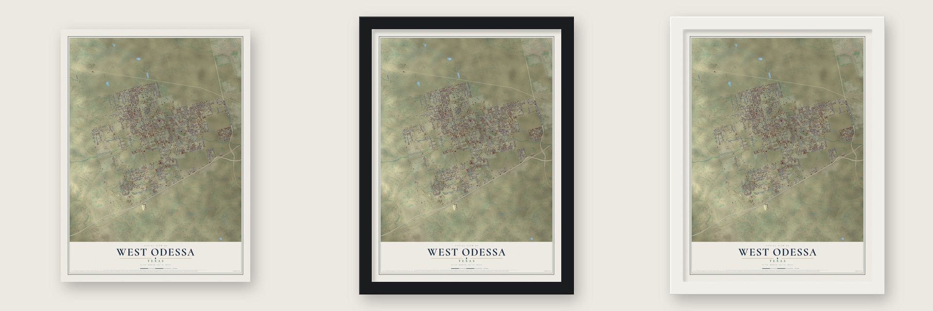 West Odessa, Texas map unframed, in a black wood frame and in a white wood frame