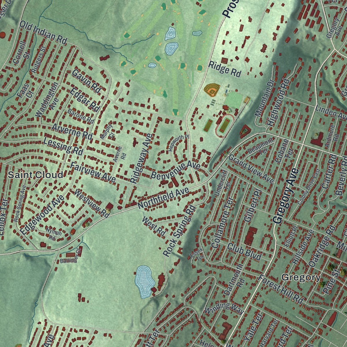 Second close-up of the map of West Orange, New Jersey print showing more streets and buildings