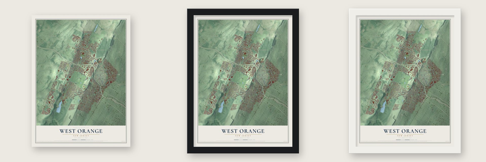 West Orange, New Jersey map unframed, in a black wood frame and in a white wood frame